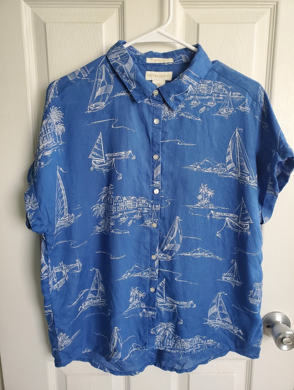 Cynthia Rowley 100% Linen Blue Nautical Sailboat Tropical Print Top Size S